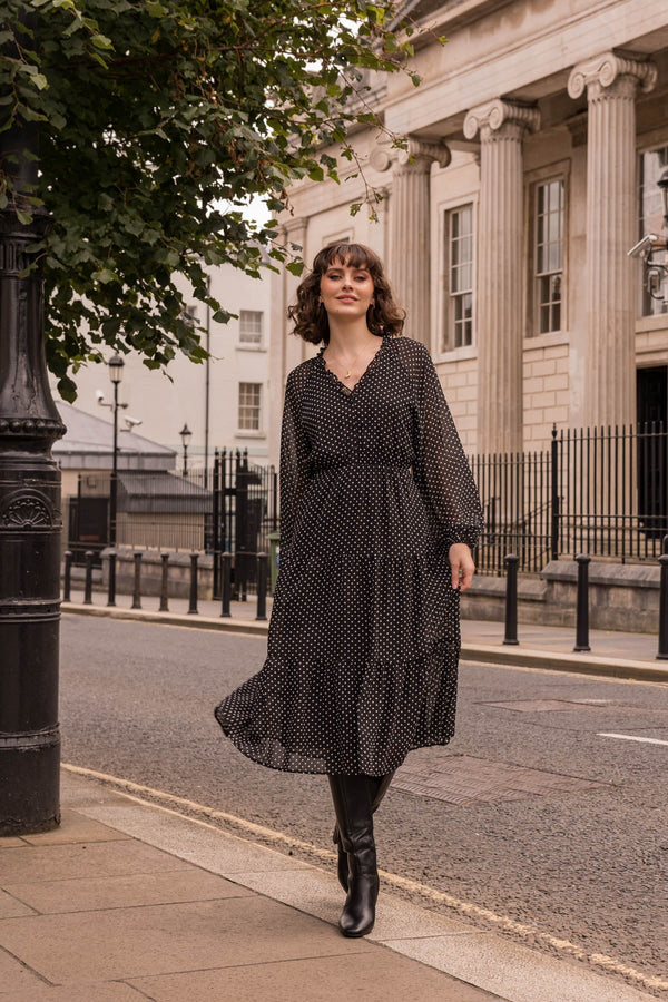 Carraig Donn Long-Sleeve Black Polka Dot Valentina Midi Dress