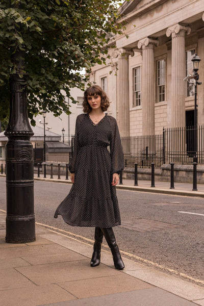 Carraig Donn Long-Sleeve Black Polka Dot Valentina Midi Dress