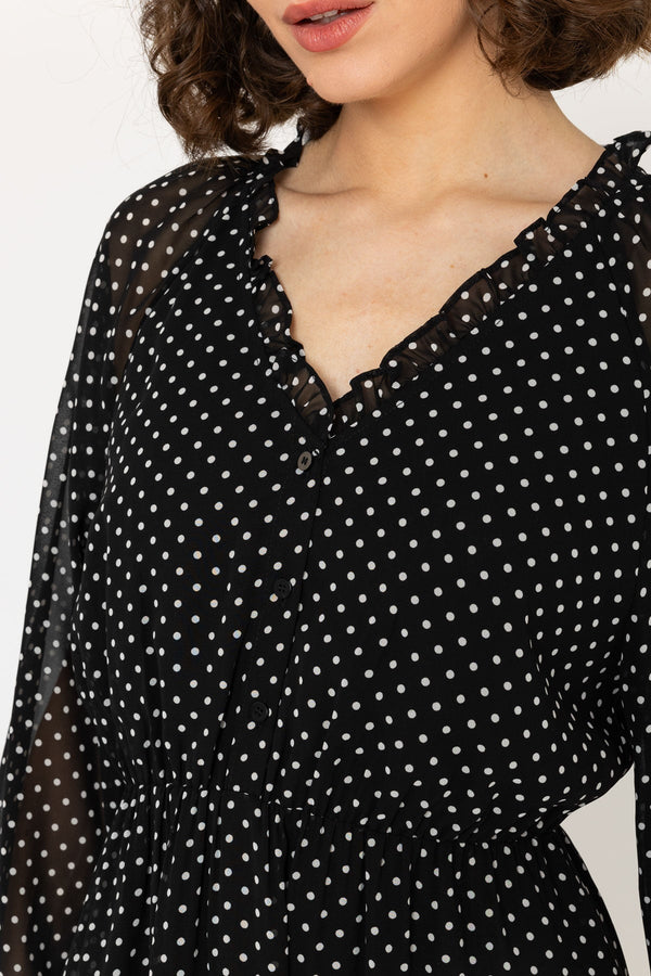 Carraig Donn Long-Sleeve Black Polka Dot Valentina Midi Dress