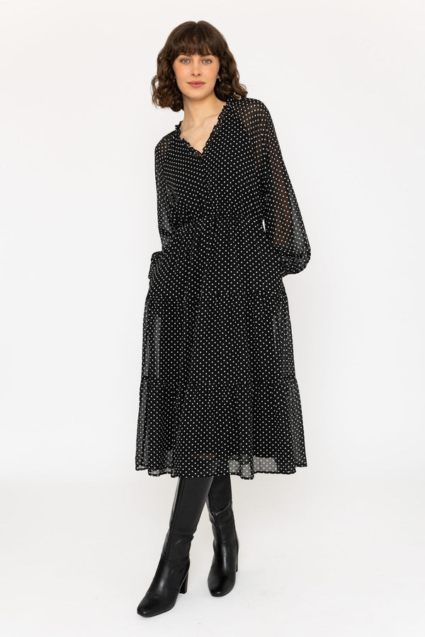 Carraig Donn Long-Sleeve Black Polka Dot Valentina Midi Dress