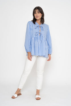 Carraig Donn Long Sleeve Blue Gingham Bow Top