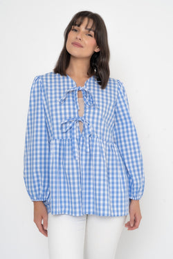 Carraig Donn Long Sleeve Blue Gingham Bow Top