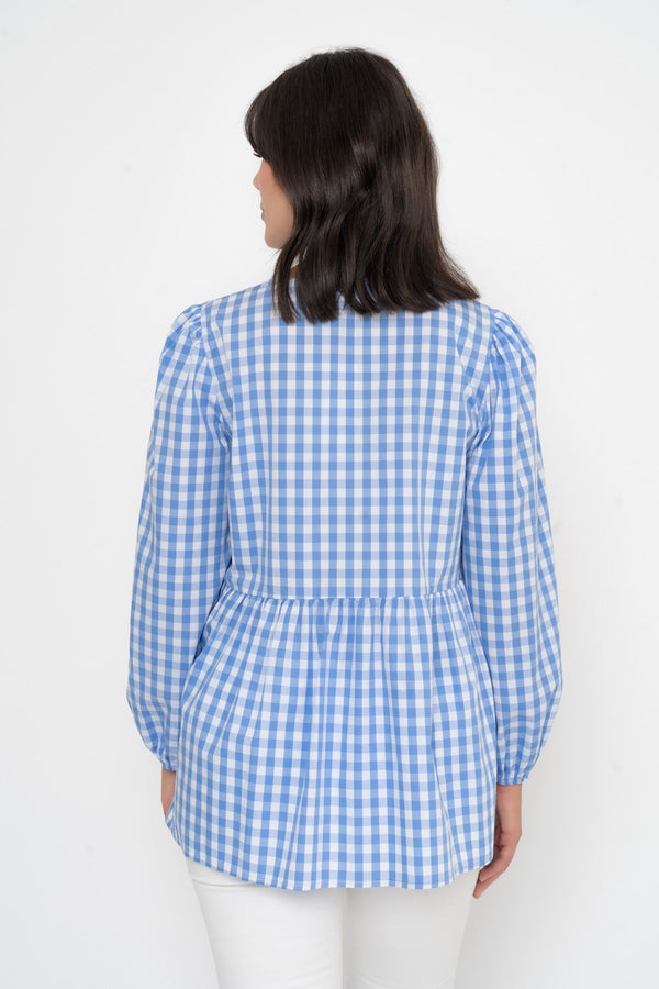 Carraig Donn Long Sleeve Blue Gingham Bow Top