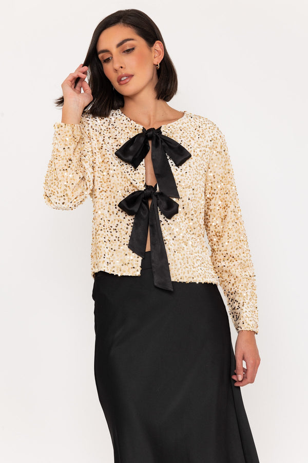 Carraig Donn Long Sleeve Bow Sequin Top in Gold