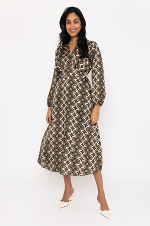 Long Sleeve Cliodhna Khaki Print Midi Dress Sateen