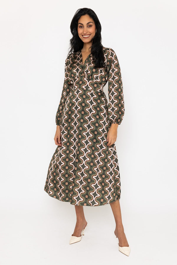 Carraig Donn Long Sleeve Cliodhna Khaki Print Midi Dress Sateen