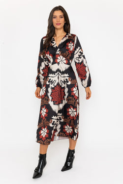 Carraig Donn Long Sleeve Cliodhna Midi Dress Sateen Brown Print