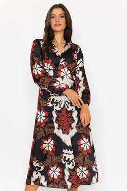 Carraig Donn Long Sleeve Cliodhna Midi Dress Sateen Brown Print