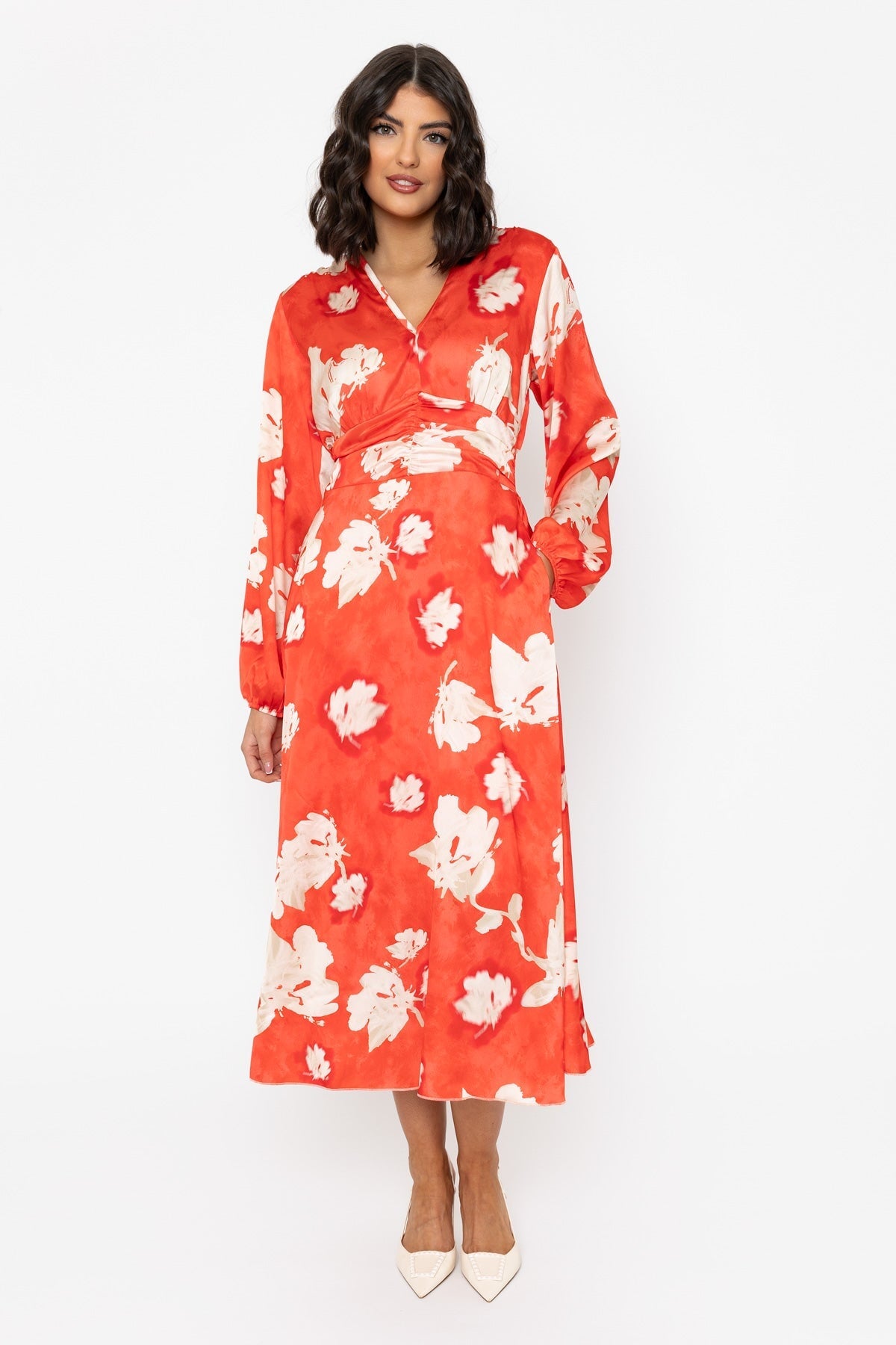 Long Sleeve Coral Print Alina Midi Dress