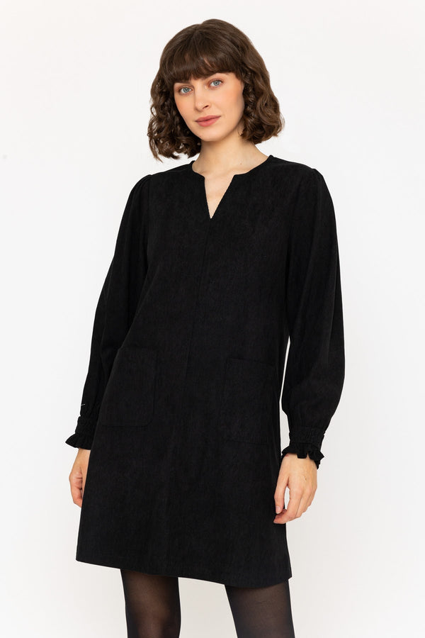 Carraig Donn Long Sleeve Cord Mini V-Neck Dress in Black