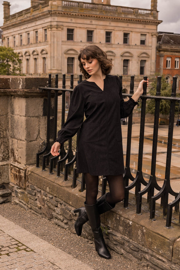 Carraig Donn Long Sleeve Cord Mini V-Neck Dress in Black