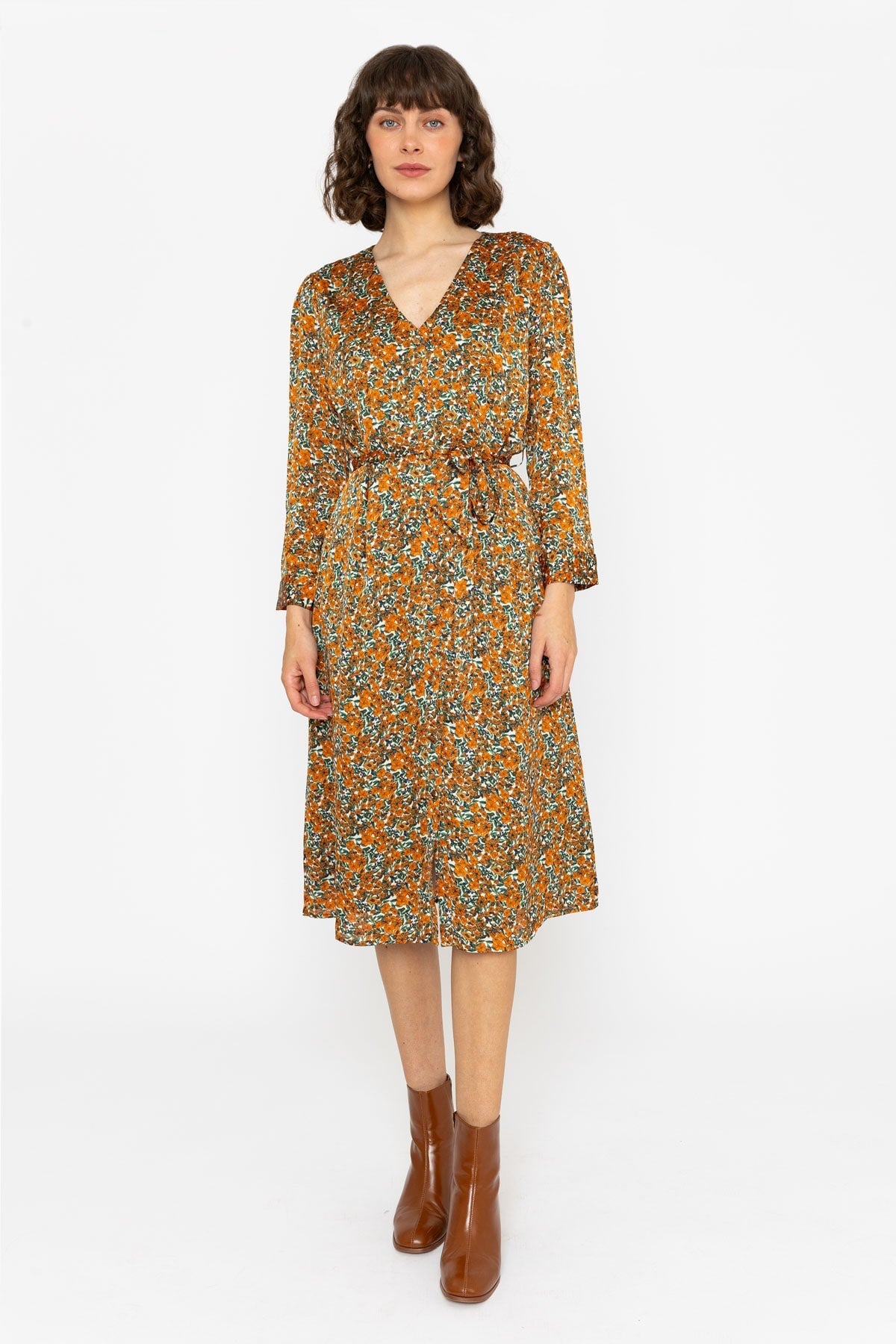 Long Sleeve Green Orange Floral Jennifer Midi Dress Carraig Donn