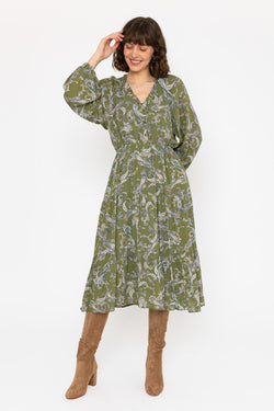 Carraig Donn Long Sleeve Green Print Valentina Midi Dress