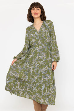 Carraig Donn Long Sleeve Green Print Valentina Midi Dress