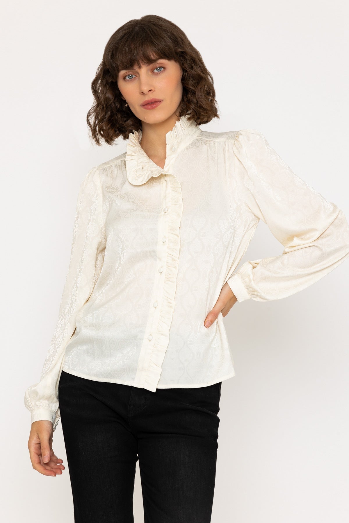 Long Sleeve Jacquard Satin Blouse in Ivory Carraig Donn