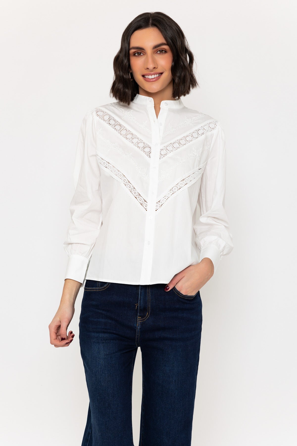 Long Sleeve Lace Detail Shirt in White