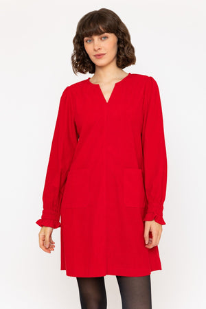 Long Sleeve Cord Mini V-Neck Dress in Red