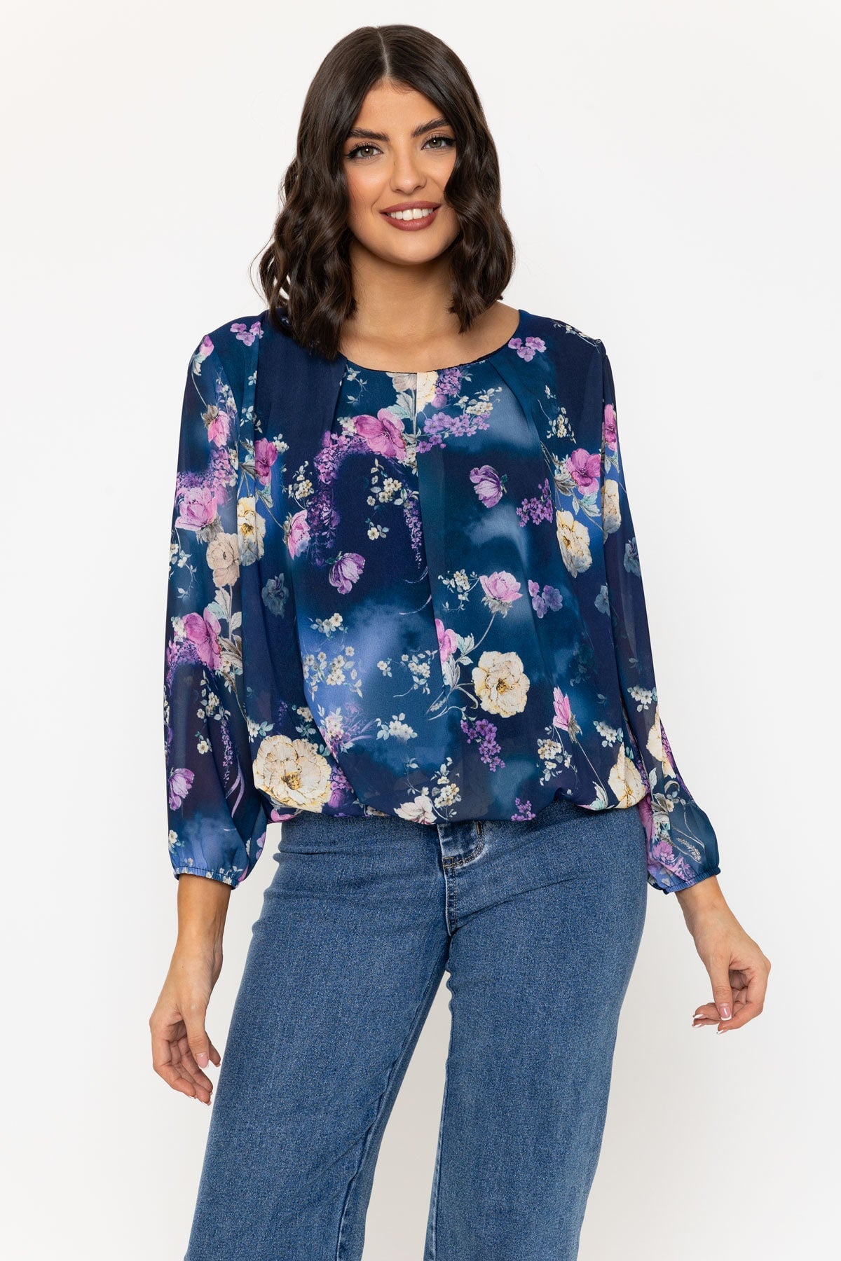 Long Sleeve Navy Floral Printed Blouse