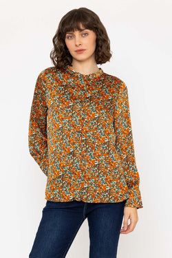 Carraig Donn Long Sleeve Orange & Green Floral Mandarin Collar Blouse