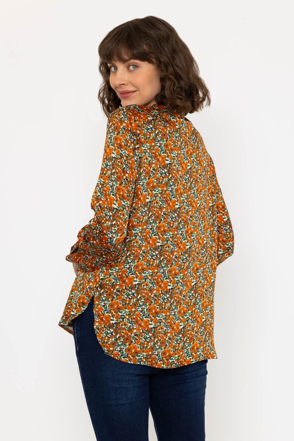 Carraig Donn Long Sleeve Orange & Green Floral Mandarin Collar Blouse