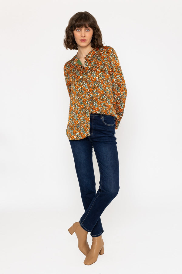 Carraig Donn Long Sleeve Orange & Green Floral Mandarin Collar Blouse