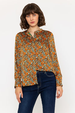 Carraig Donn Long Sleeve Orange & Green Floral Mandarin Collar Blouse