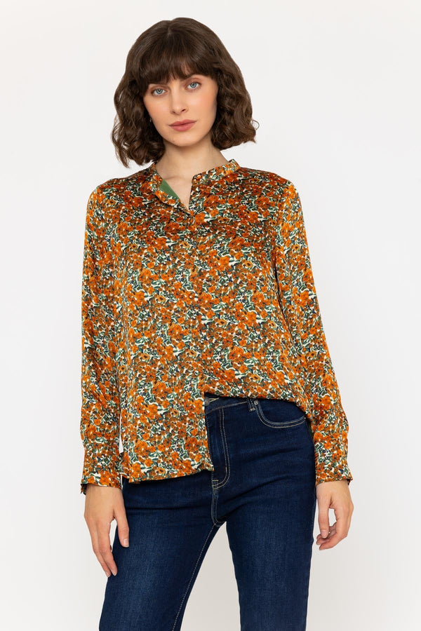 Carraig Donn Long Sleeve Orange & Green Floral Mandarin Collar Blouse