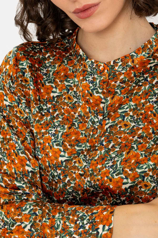 Carraig Donn Long Sleeve Orange & Green Floral Mandarin Collar Blouse