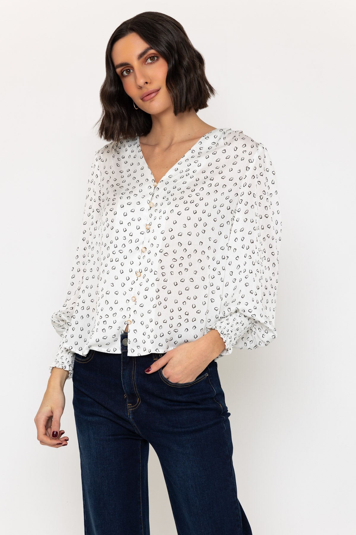 Long Sleeve Printed Blouse With Pearl Buttons