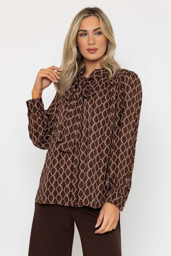 Carraig Donn Long Sleeve Printed Pussy Bow Blouse in Brown