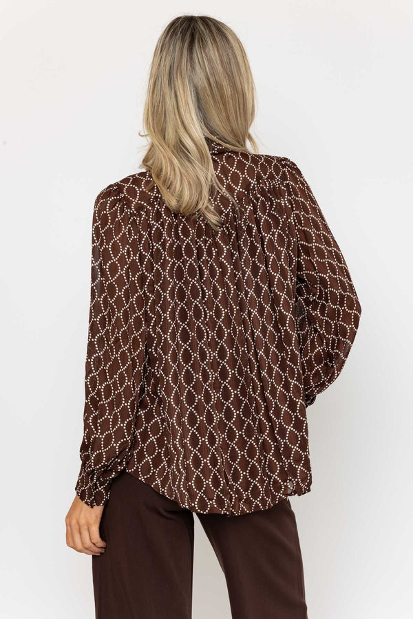 Carraig Donn Long Sleeve Printed Pussy Bow Blouse in Brown