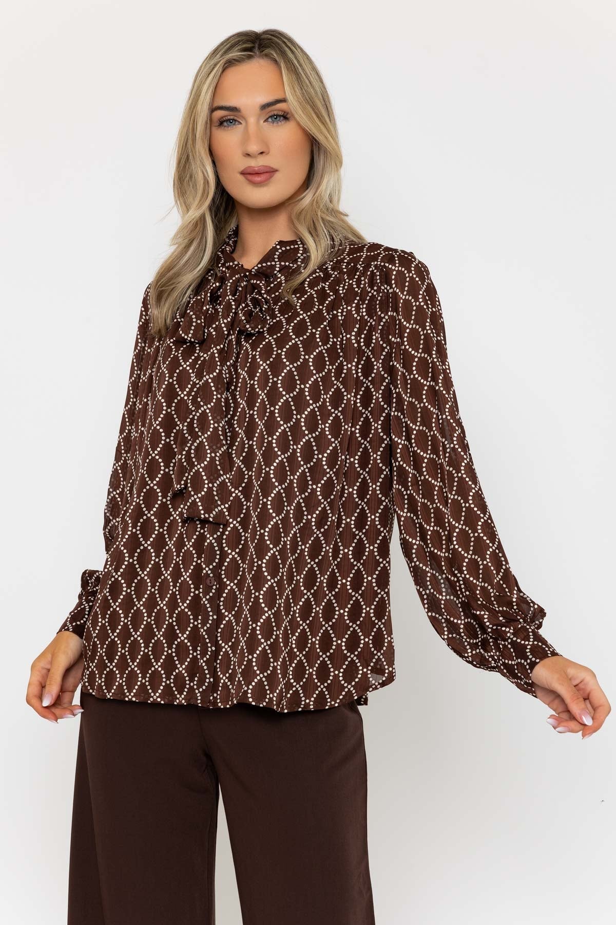 Long Sleeve Printed Pussy Bow Blouse in Brown