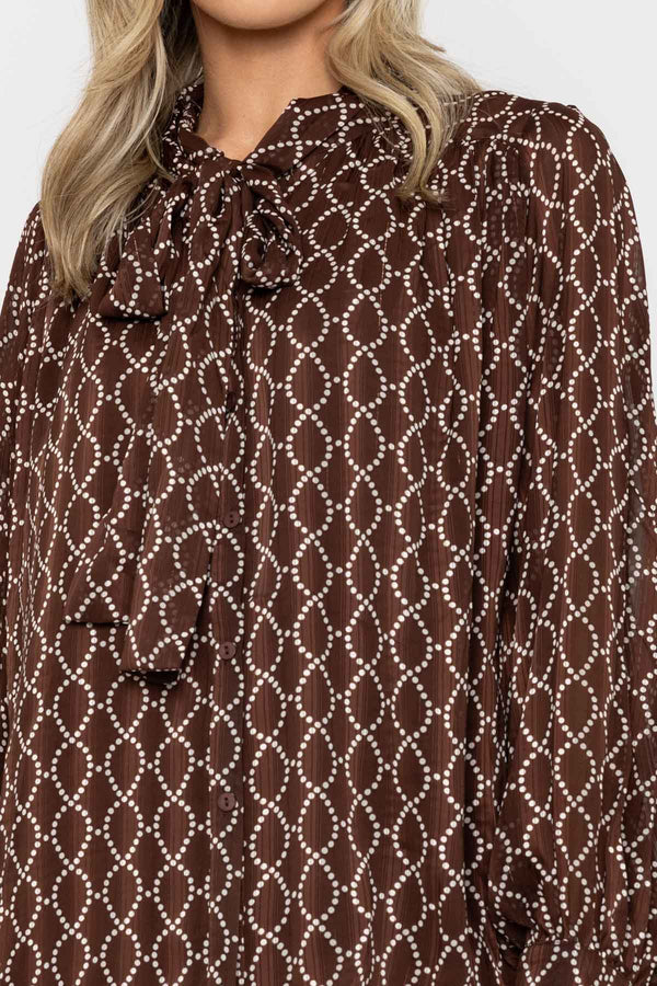 Carraig Donn Long Sleeve Printed Pussy Bow Blouse in Brown