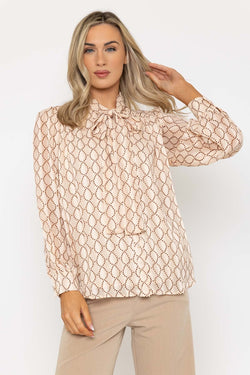 Carraig Donn Long Sleeve Printed Pussy Bow Blouse in Cream