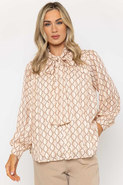 Carraig Donn Long Sleeve Printed Pussy Bow Blouse in Cream