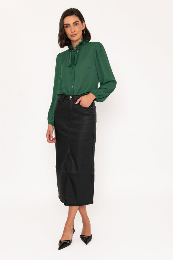 Carraig Donn Long Sleeve Ruffle Detail Blouse in Green