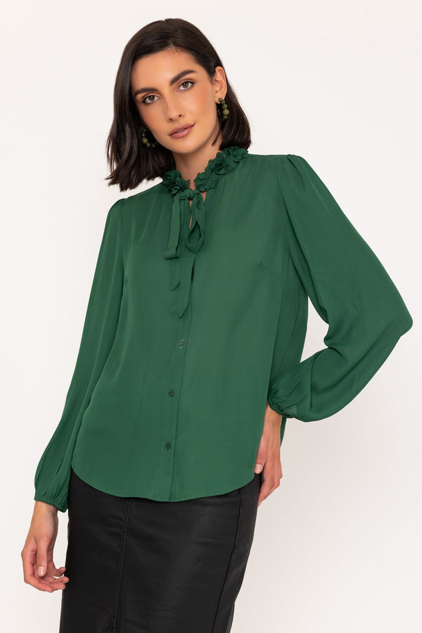 Carraig Donn Long Sleeve Ruffle Detail Blouse in Green