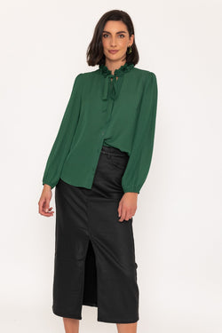 Carraig Donn Long Sleeve Ruffle Detail Blouse in Green