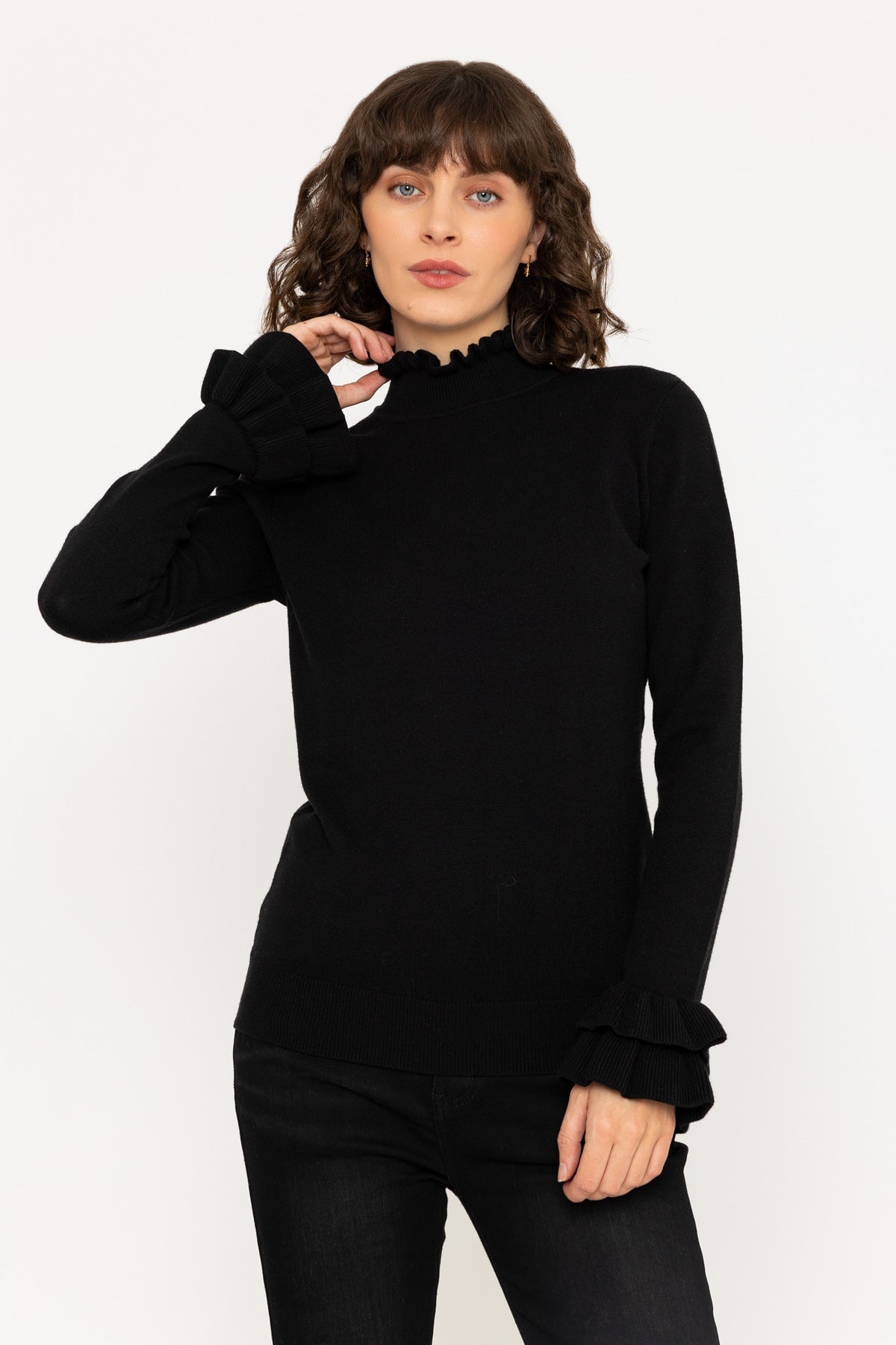 Long Sleeve Ruffle Neck and cuffs Knit in Black