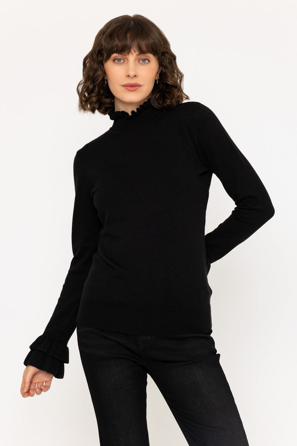 Carraig Donn Long Sleeve Ruffle Neck and cuffs Knit in Black