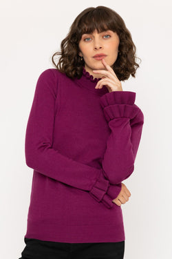 Carraig Donn Long Sleeve Ruffle Neck Knit in Burgundy