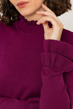 Carraig Donn Long Sleeve Ruffle Neck Knit in Burgundy