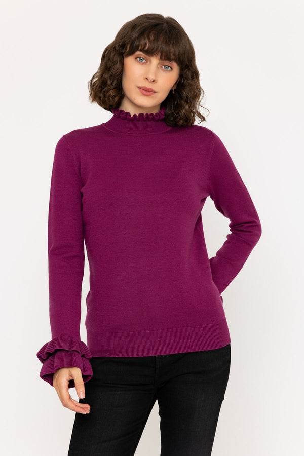 Carraig Donn Long Sleeve Ruffle Neck Knit in Burgundy