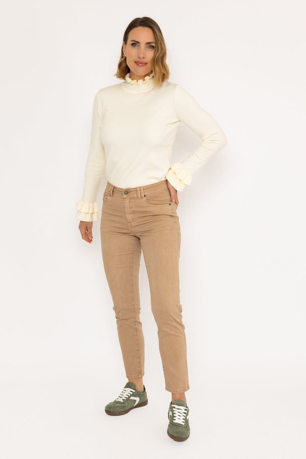 Carraig Donn Long Sleeve Ruffle Neck Knit in Ivory