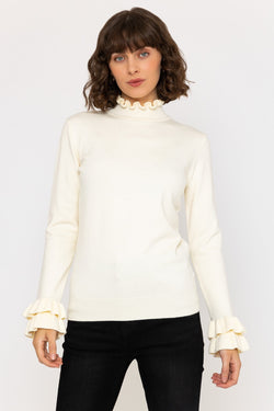 Carraig Donn Long Sleeve Ruffle Neck Knit in Ivory