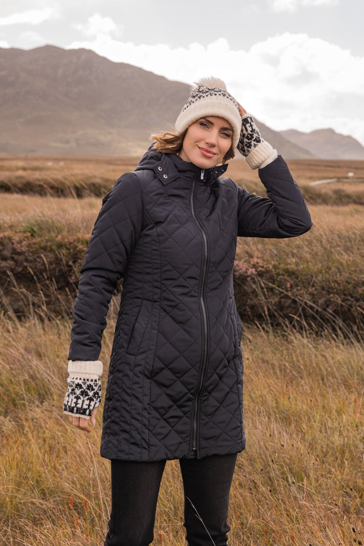 Longline Quilted Coat in Black Ladies Rain Jacket Carraig Donn