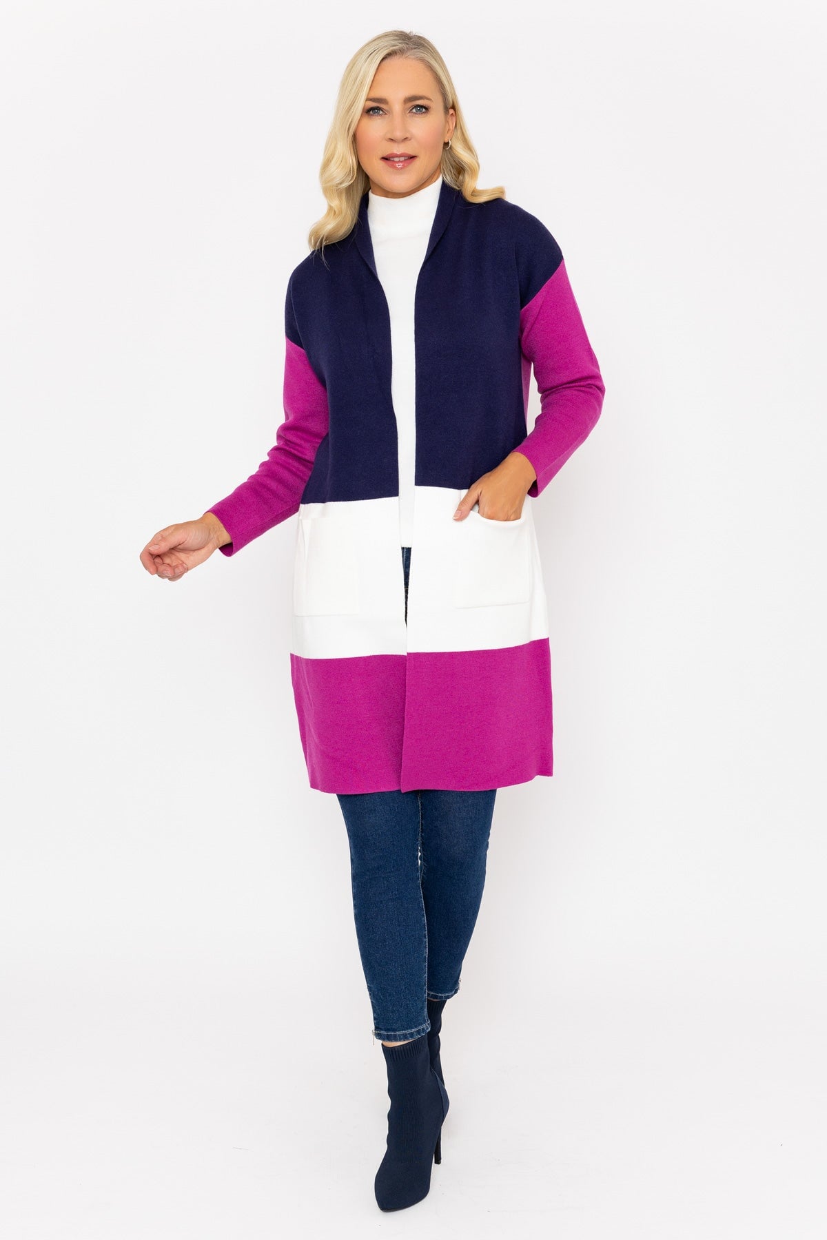 Navy Colour Block Cardigan Ladies Cardigans Knitwear Carraig Donn