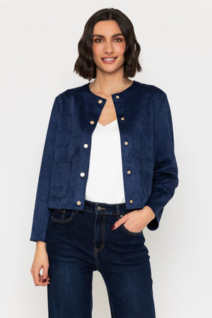 Navy Cropped Suedette Jacket