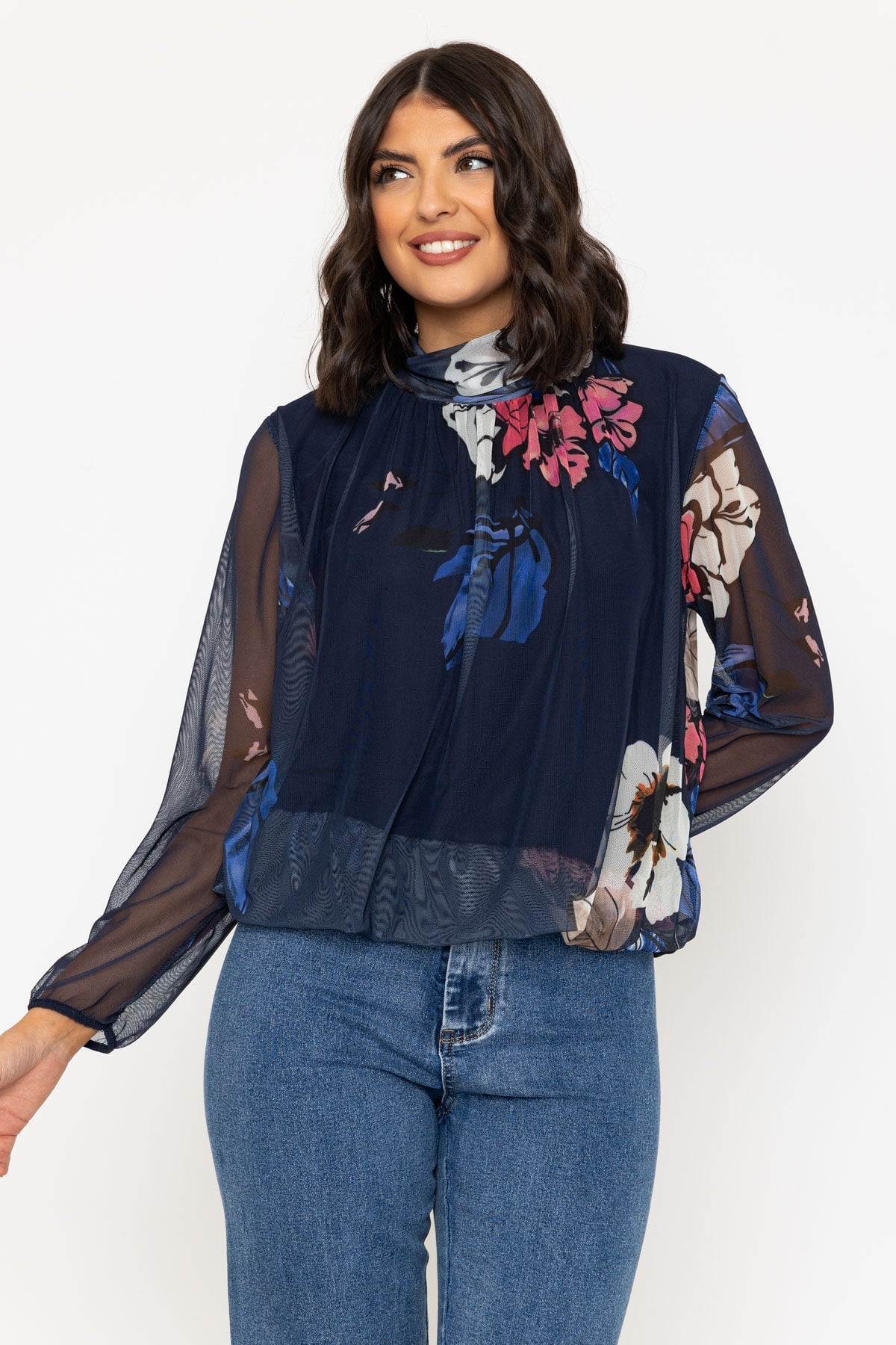 Navy Floral Print Mesh High Neck Top