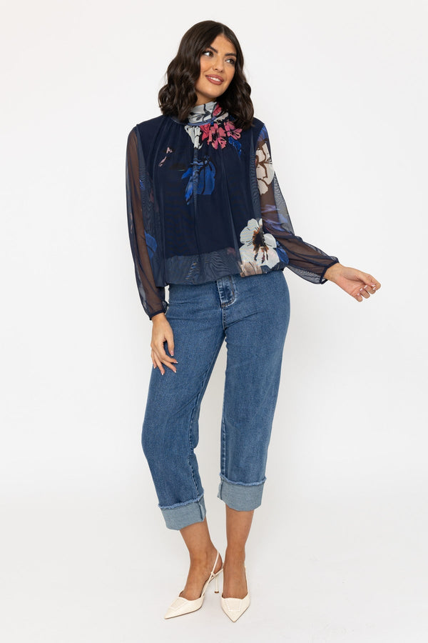 Carraig Donn Navy Floral Print Mesh High Neck Top